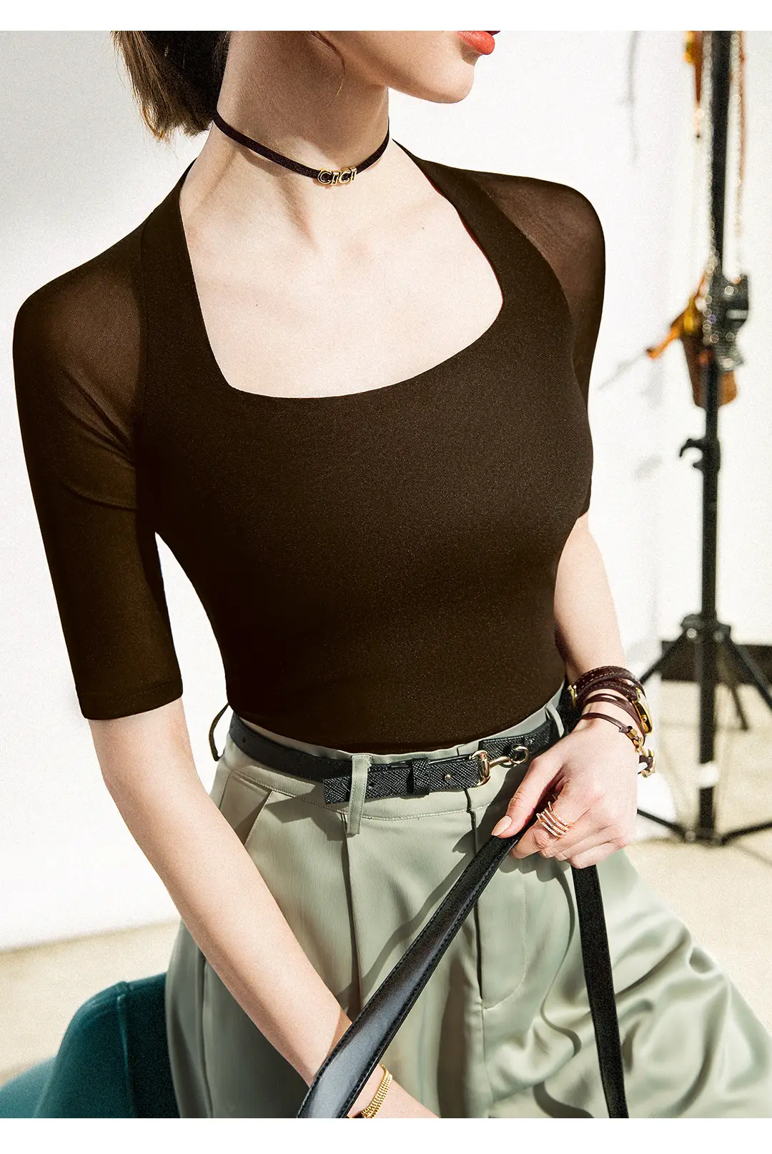 Maroon Mesh Sleeve Top with Square Collar — feature 30