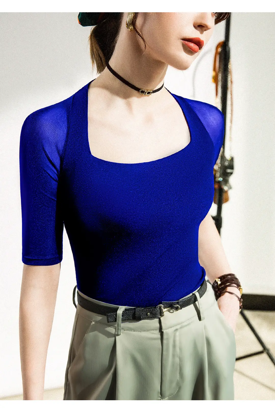 Maroon Mesh Sleeve Top with Square Collar — feature 31