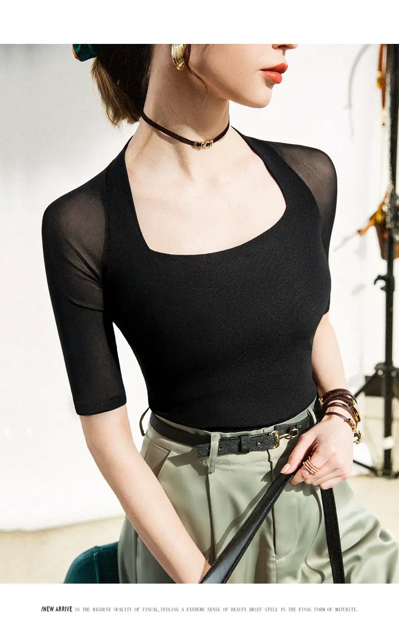 Maroon Mesh Sleeve Top with Square Collar — feature 7
