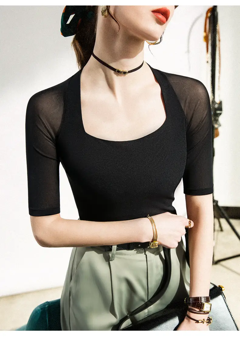 Maroon Mesh Sleeve Top with Square Collar — feature 8