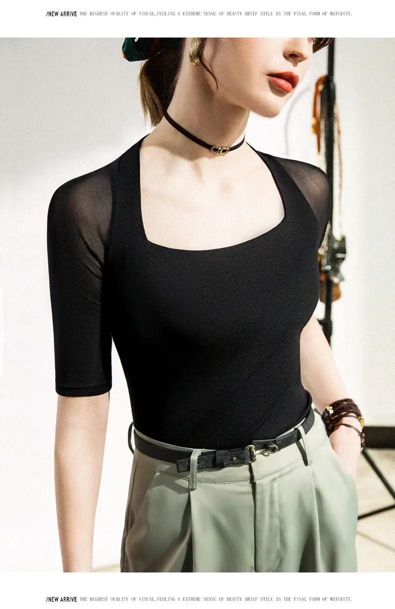 Maroon Mesh Sleeve Top with Square Collar — feature 9