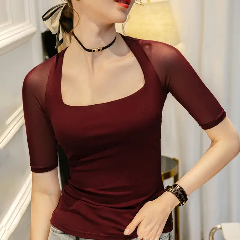 Maroon Mesh Sleeve Top with Square Collar
