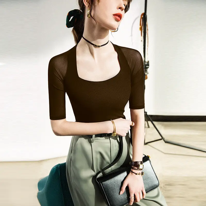 Maroon Mesh Sleeve Top with Square Collar