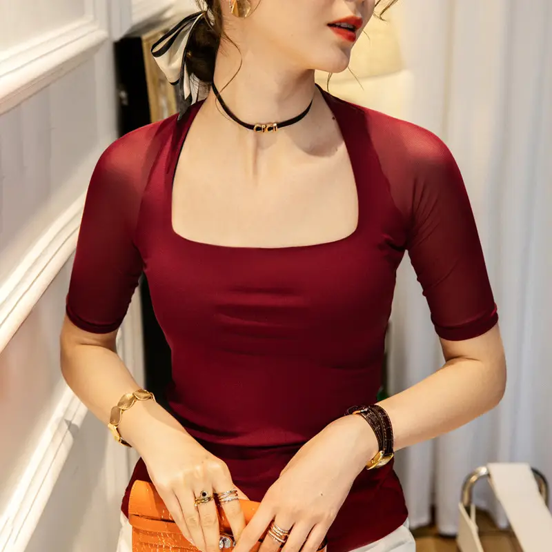 Maroon Mesh Sleeve Top with Square Collar