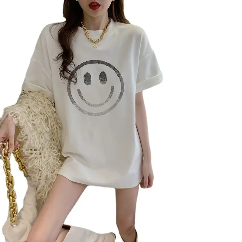Women Black Smiley Round Neck T-Shirt Mid Length Loose Summer Wear - Image 5