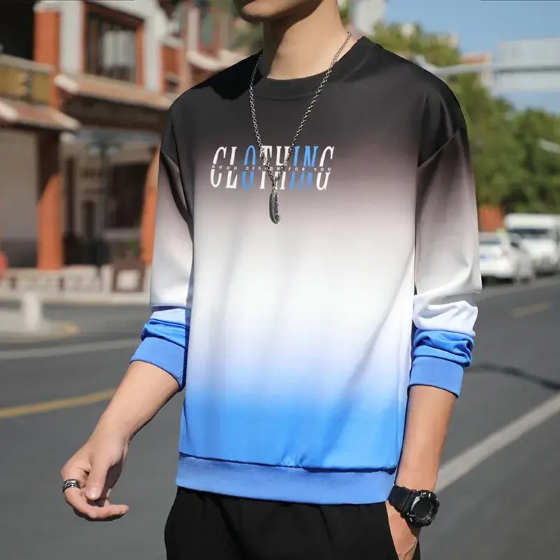 Men Gradient Long Sleeve T-Shirt Blue White - Image 4