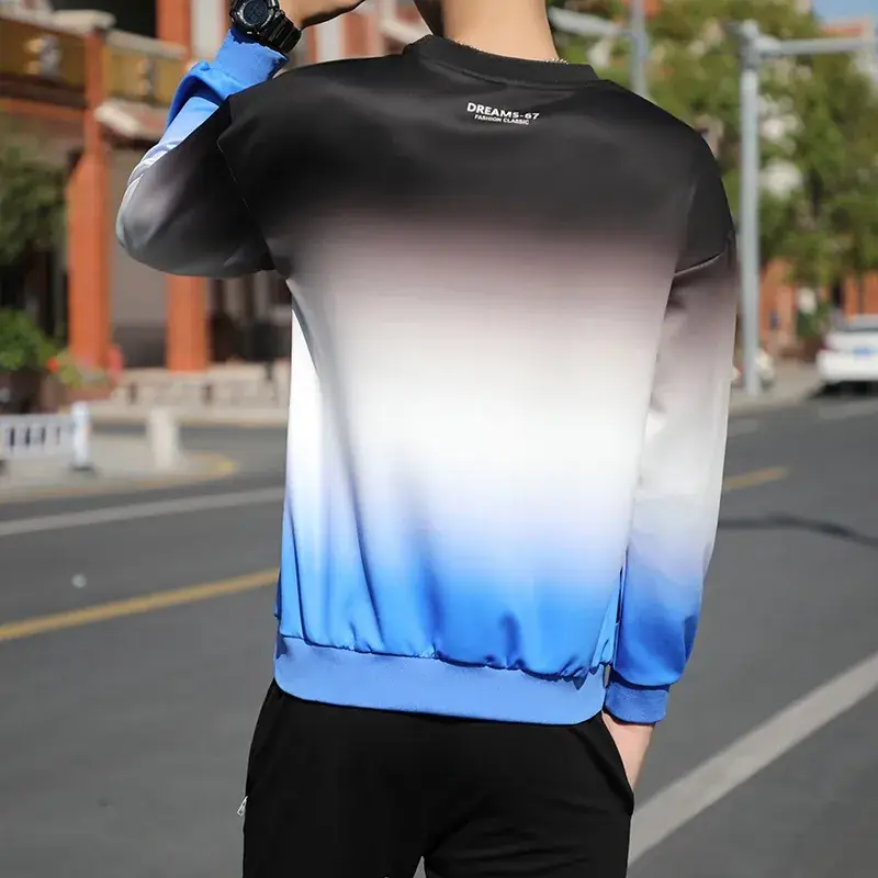 Men Gradient Long Sleeve T-Shirt Blue White - Image 5