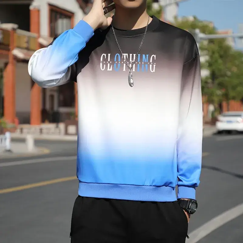 Men Gradient Long Sleeve T-Shirt Blue White - Image 3