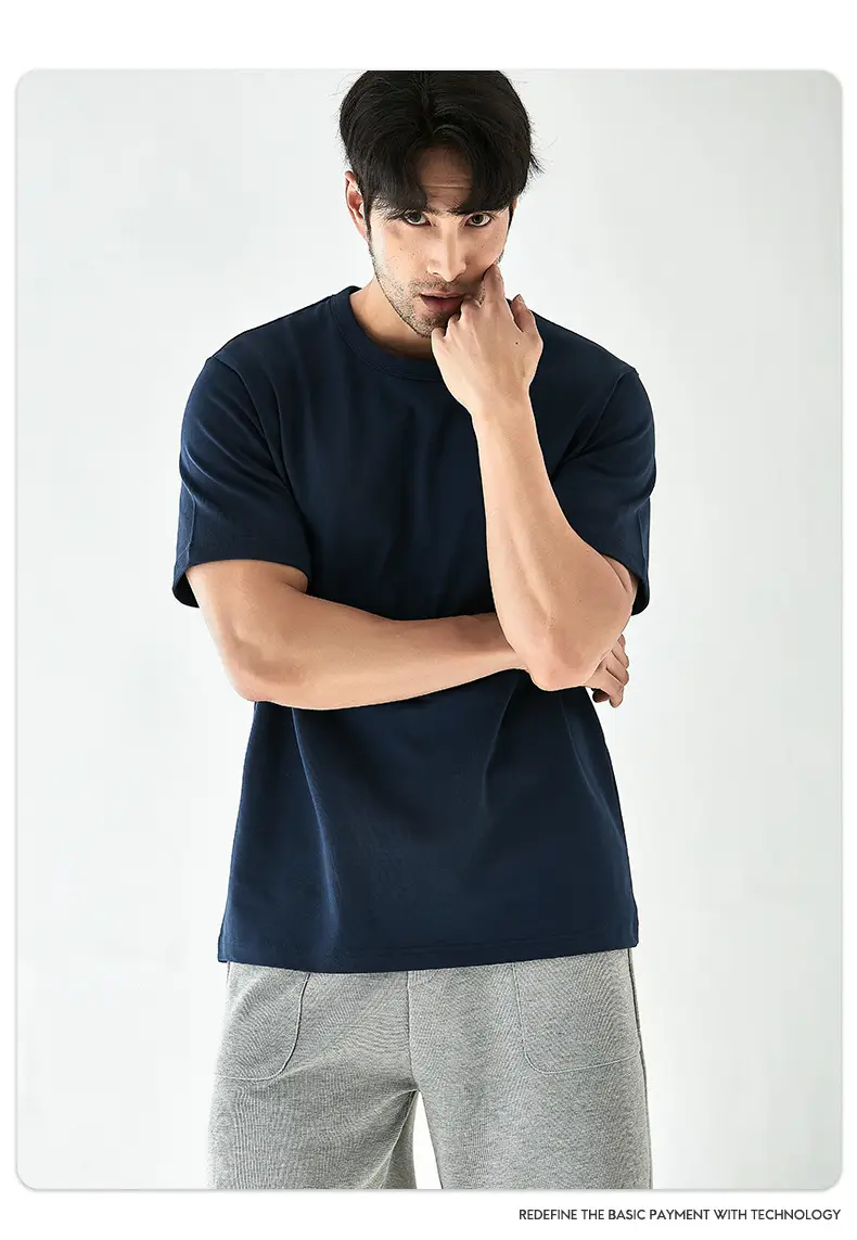 Men Heavy Cotton T-Shirt Navy Blue Solid Color — feature 12