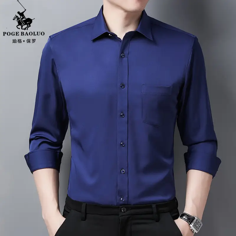 Men's Blue Long Sleeve Stretch Shirt Wrinkle Resistant