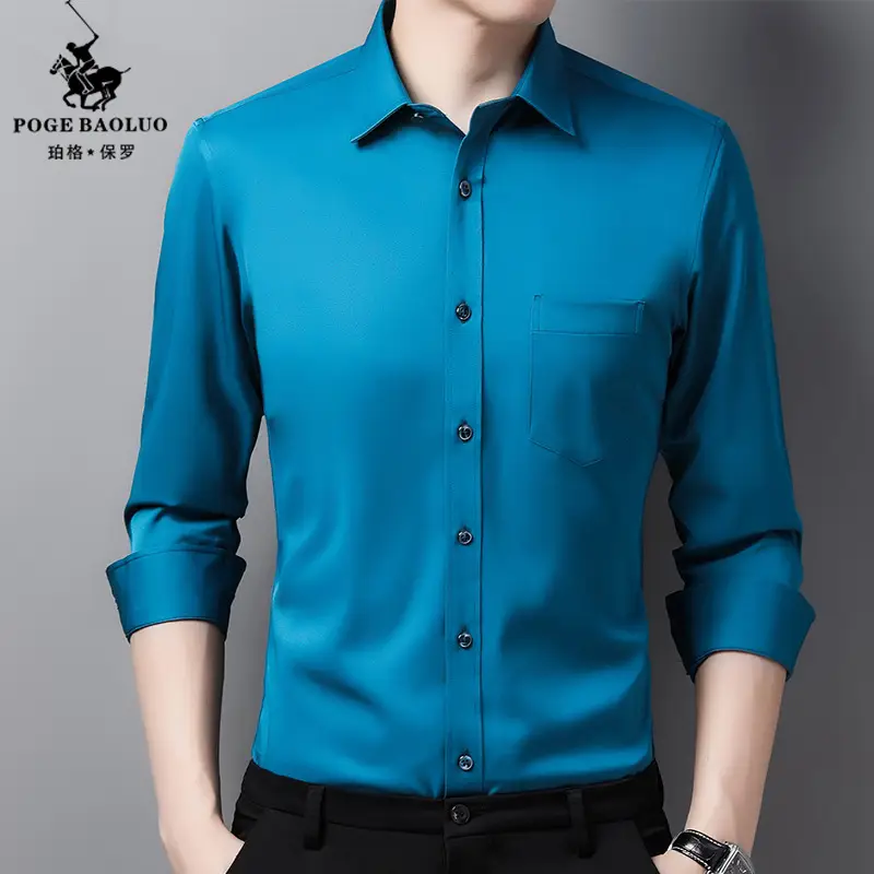 Men's Blue Long Sleeve Stretch Shirt Wrinkle Resistant