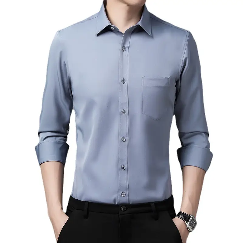 Men's Blue Long Sleeve Stretch Shirt Wrinkle Resistant