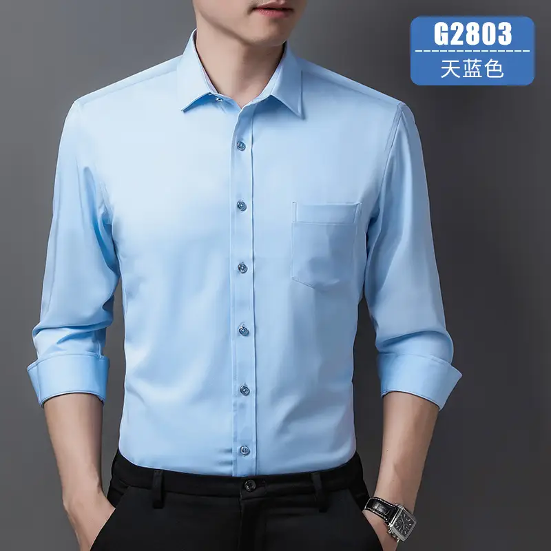 Men's Blue Long Sleeve Stretch Shirt Wrinkle Resistant