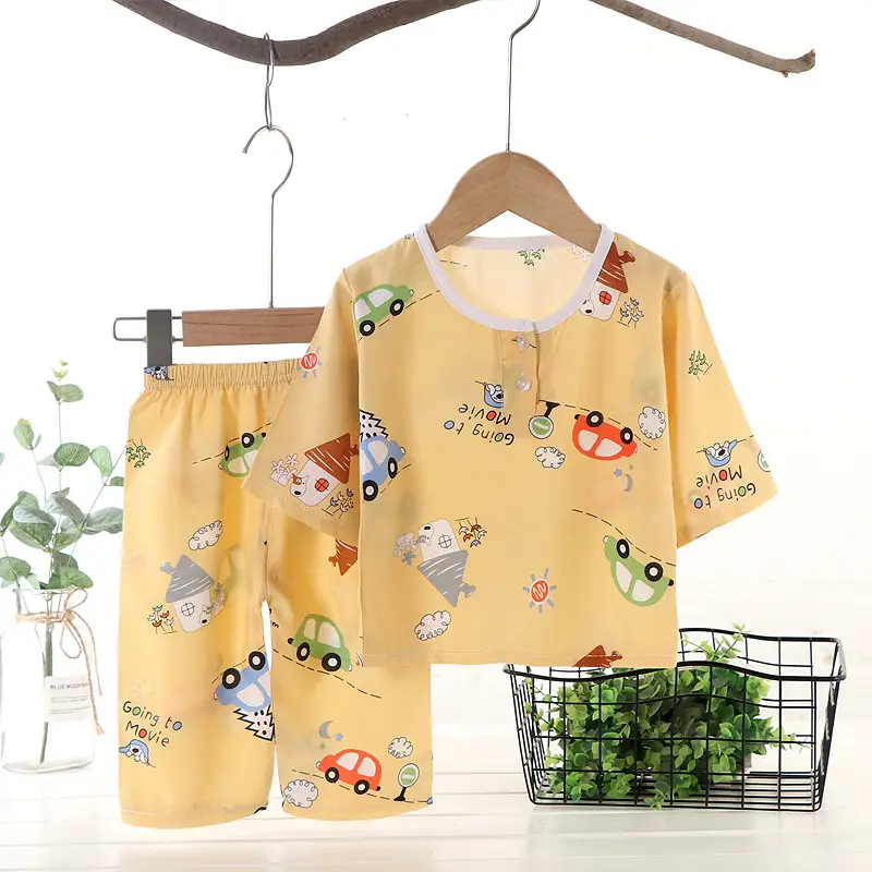 Children's clothing summer children's pajamas cotton silk home wear suit Boys Girls baby thin air conditioning clothes baby clothes