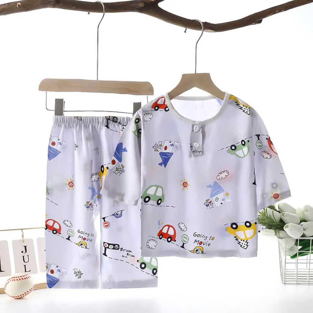 Children's clothing summer children's pajamas cotton silk home wear suit Boys Girls baby thin air conditioning clothes baby clothes