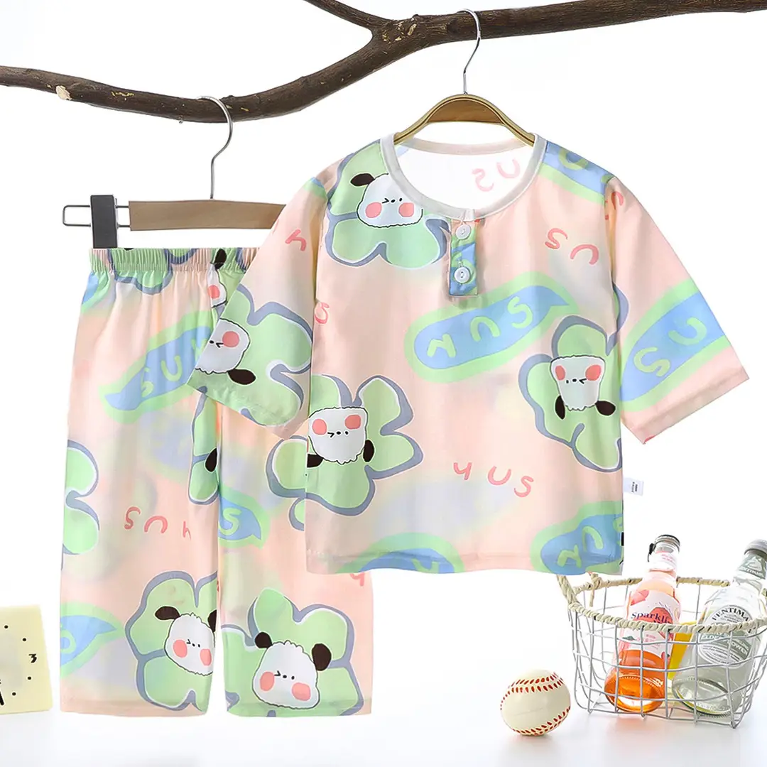 Children's clothing summer children's pajamas cotton silk home wear suit Boys Girls baby thin air conditioning clothes baby clothes