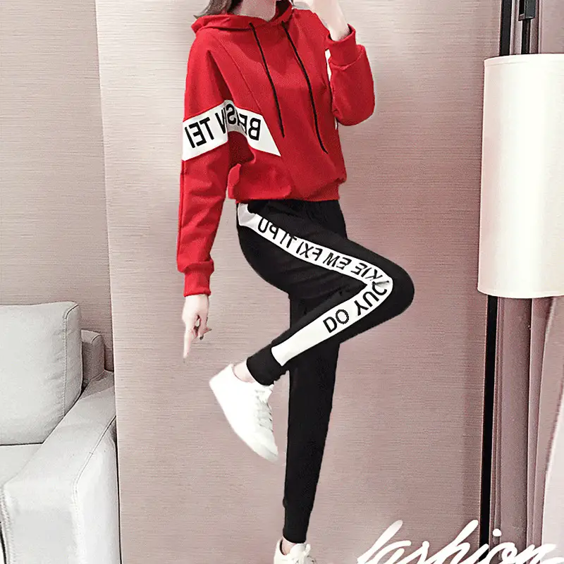 Women's Red Hoodie Sweatshirt Set Winter Casual Korean Fashion - Image 3