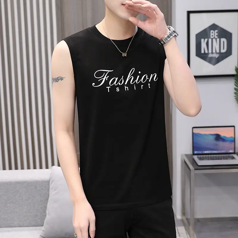 Men Sleeveless Fashion T-Shirt White Letter Print
