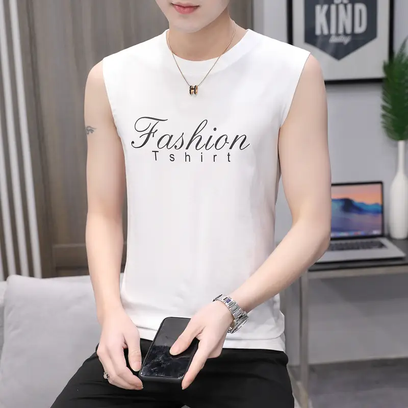 Men Sleeveless Fashion T-Shirt White Letter Print