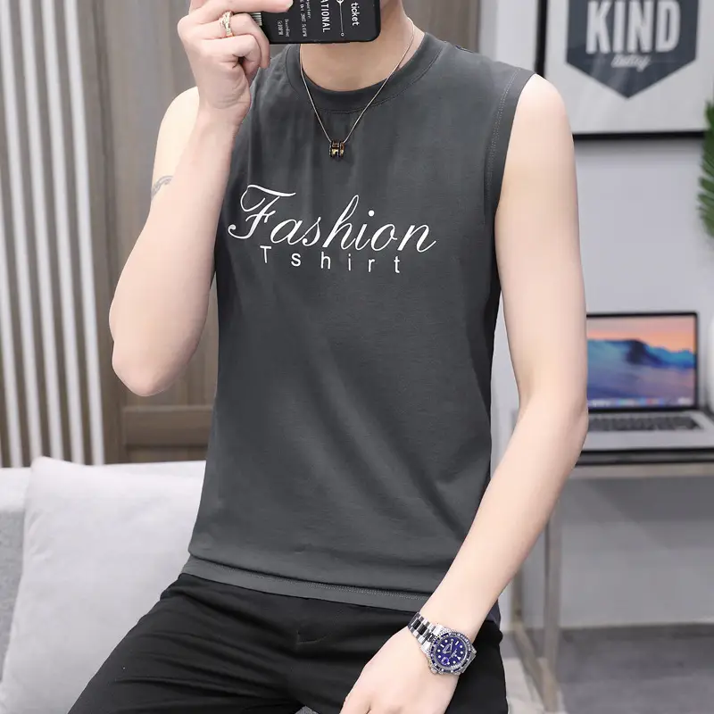 Men Sleeveless Fashion T-Shirt White Letter Print