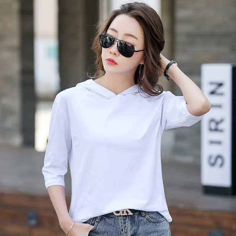 Women's 2021 Hooded T-Shirt White Slim Fit Western Style - Image 2
