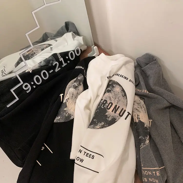 Women Korean Style Loose T-Shirt White Black Graphic Print