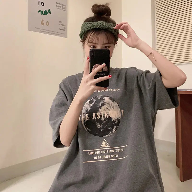 Women Korean Style Loose T-Shirt White Black Graphic Print
