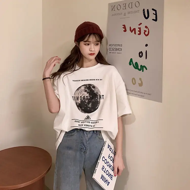 Women Korean Style Loose T-Shirt White Black Graphic Print