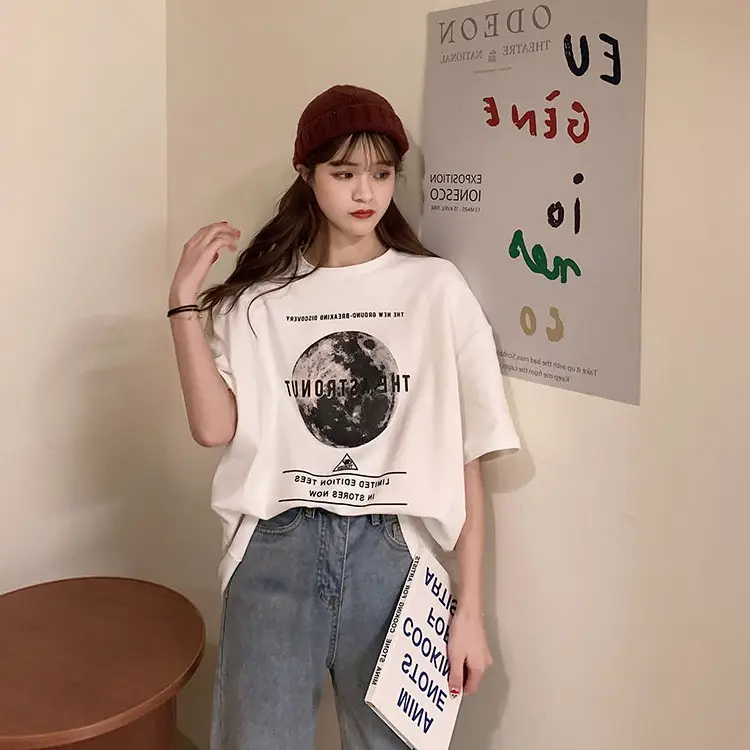 Women Korean Style Loose T-Shirt White Black Graphic Print