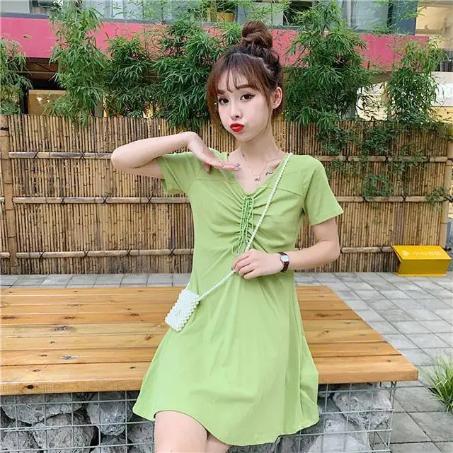 2022 Drawstring Waist Green Student Dress A-Line - Image 5