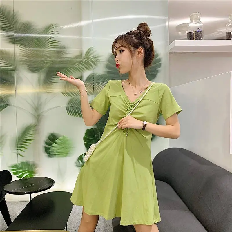 2022 Drawstring Waist Green Student Dress A-Line — feature 2