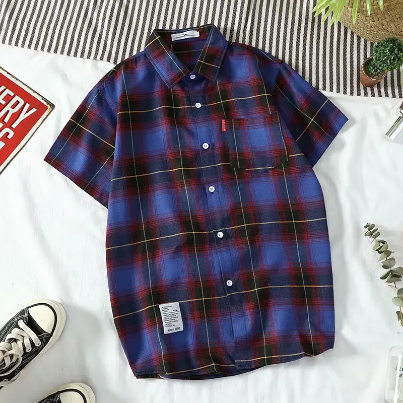 Men Plaid Short Sleeve Shirt Yellow Black - Image 6