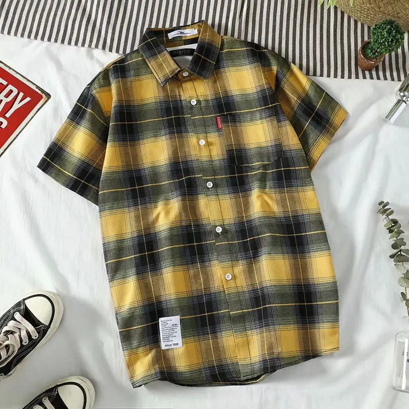 Men Plaid Short Sleeve Shirt Yellow Black - Image 7