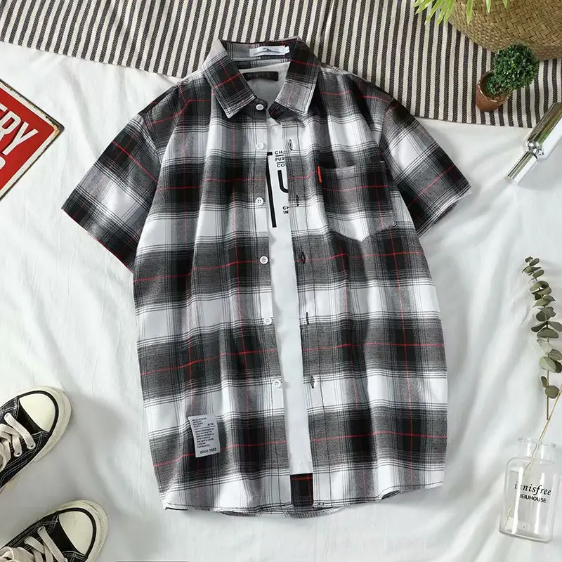 Men Plaid Short Sleeve Shirt Yellow Black - Image 2