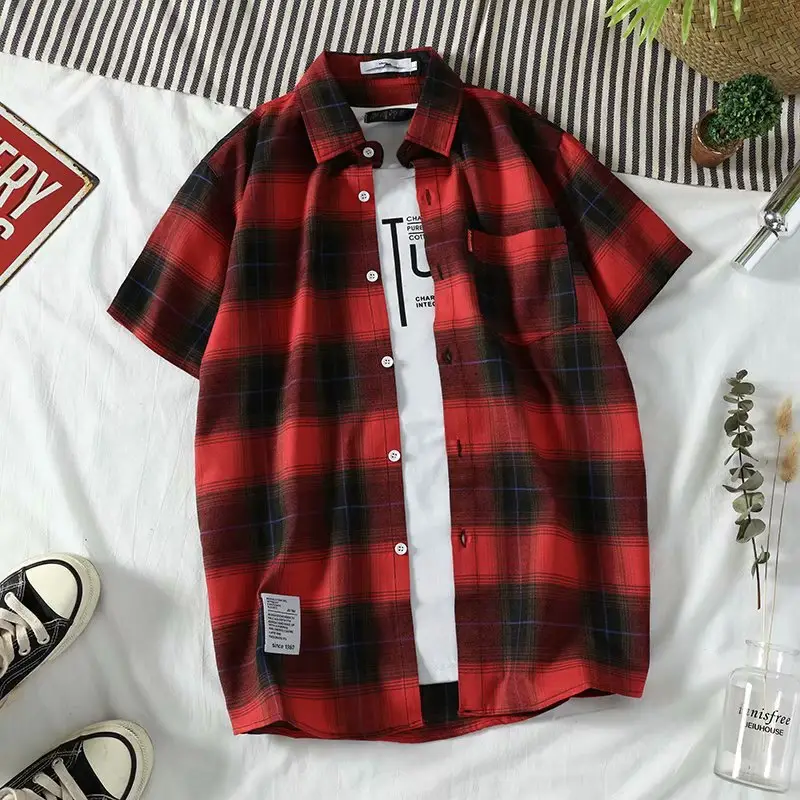 Men Plaid Short Sleeve Shirt Yellow Black - Image 3