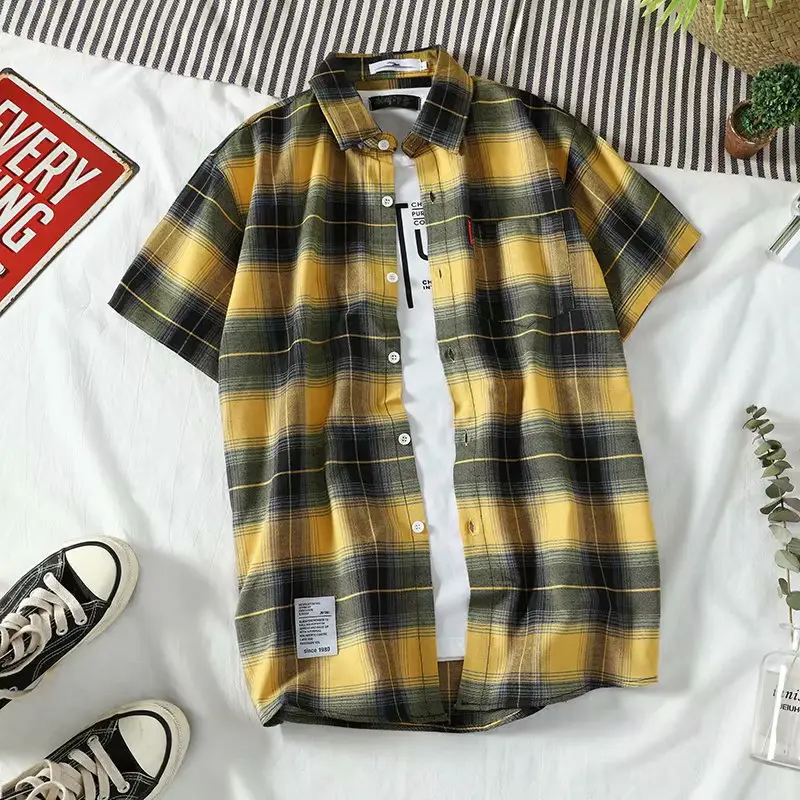 Men Plaid Short Sleeve Shirt Yellow Black - Image 4
