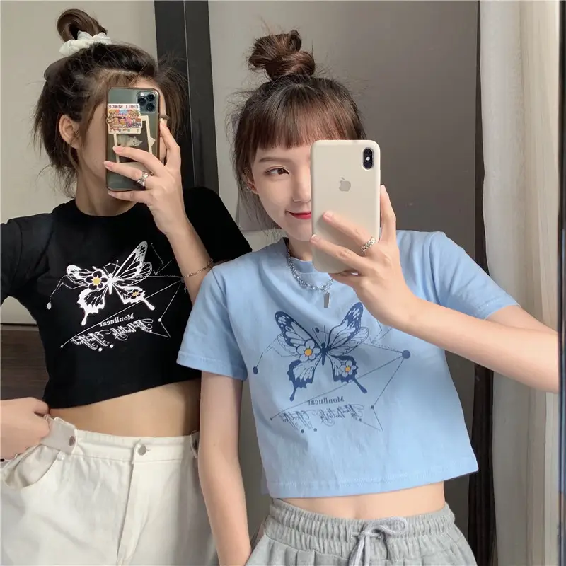 Women Butterfly Crop Top T-Shirt Light Blue Harajuku Style