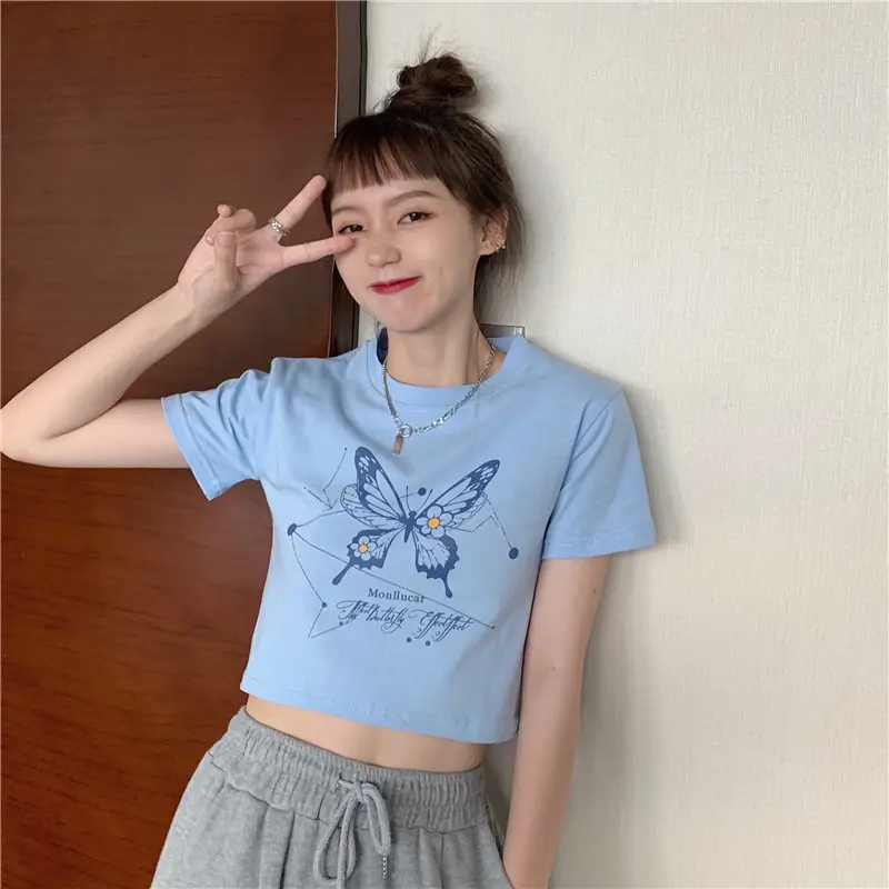 Women Butterfly Crop Top T-Shirt Light Blue Harajuku Style