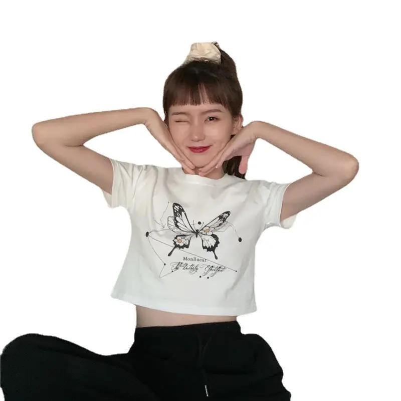 Women Butterfly Crop Top T-Shirt Light Blue Harajuku Style