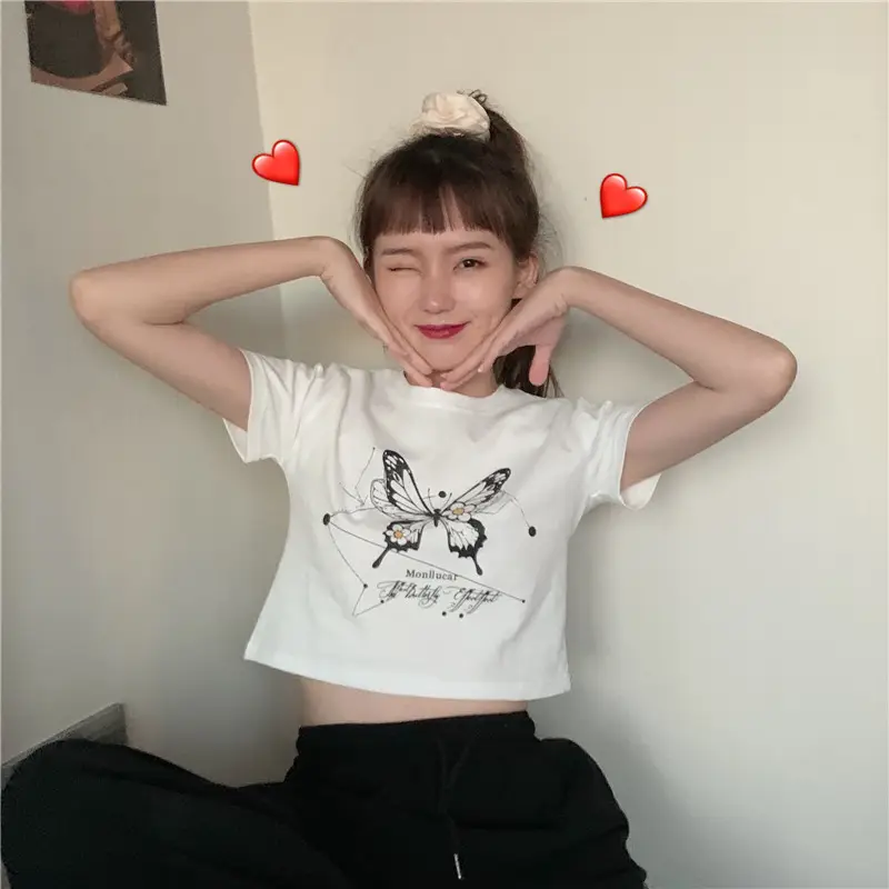Women Butterfly Crop Top T-Shirt Light Blue Harajuku Style — feature 10