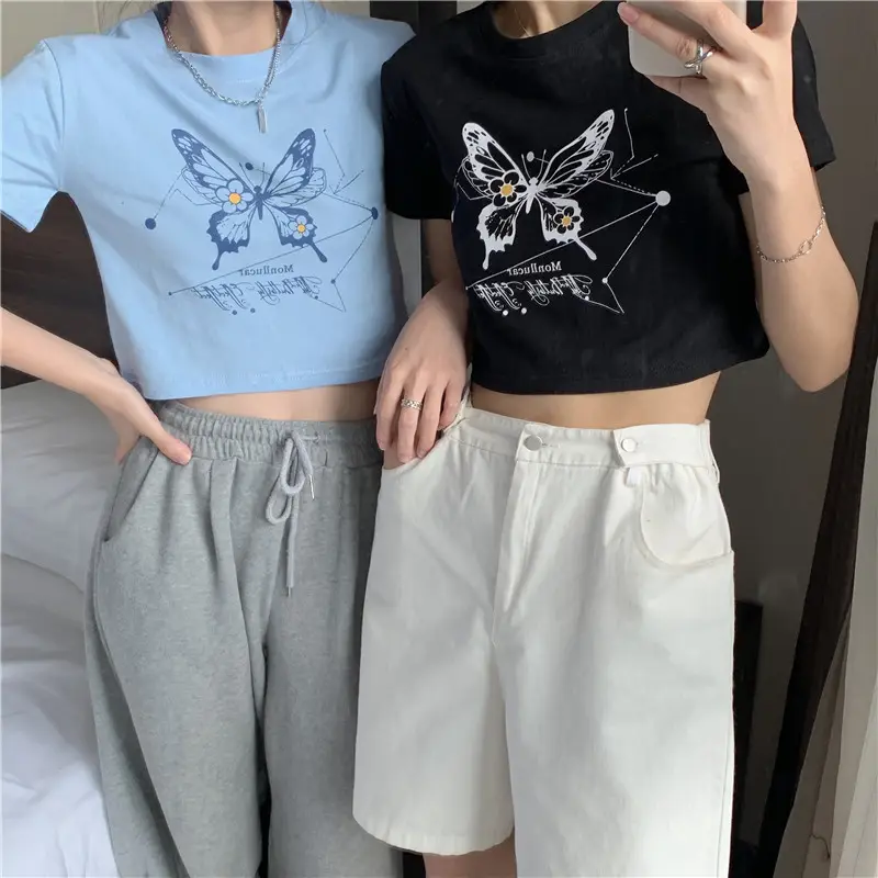 Women Butterfly Crop Top T-Shirt Light Blue Harajuku Style — feature 11