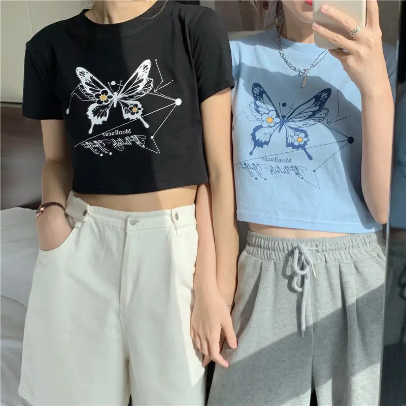 Women Butterfly Crop Top T-Shirt Light Blue Harajuku Style — feature 12