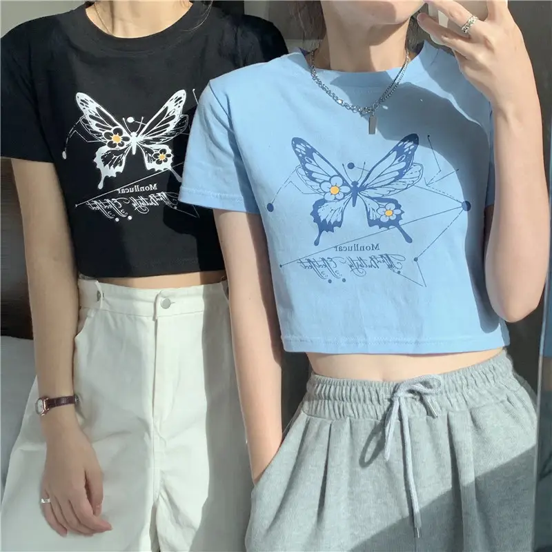 Women Butterfly Crop Top T-Shirt Light Blue Harajuku Style — feature 14