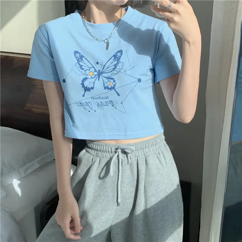 Women Butterfly Crop Top T-Shirt Light Blue Harajuku Style — feature 16