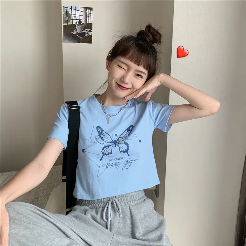 Women Butterfly Crop Top T-Shirt Light Blue Harajuku Style — feature 18