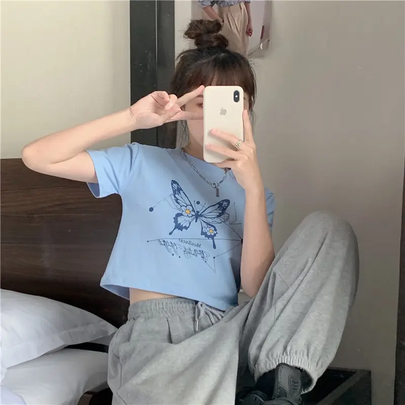 Women Butterfly Crop Top T-Shirt Light Blue Harajuku Style — feature 19