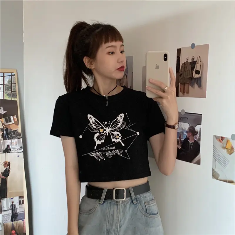 Women Butterfly Crop Top T-Shirt Light Blue Harajuku Style — feature 2