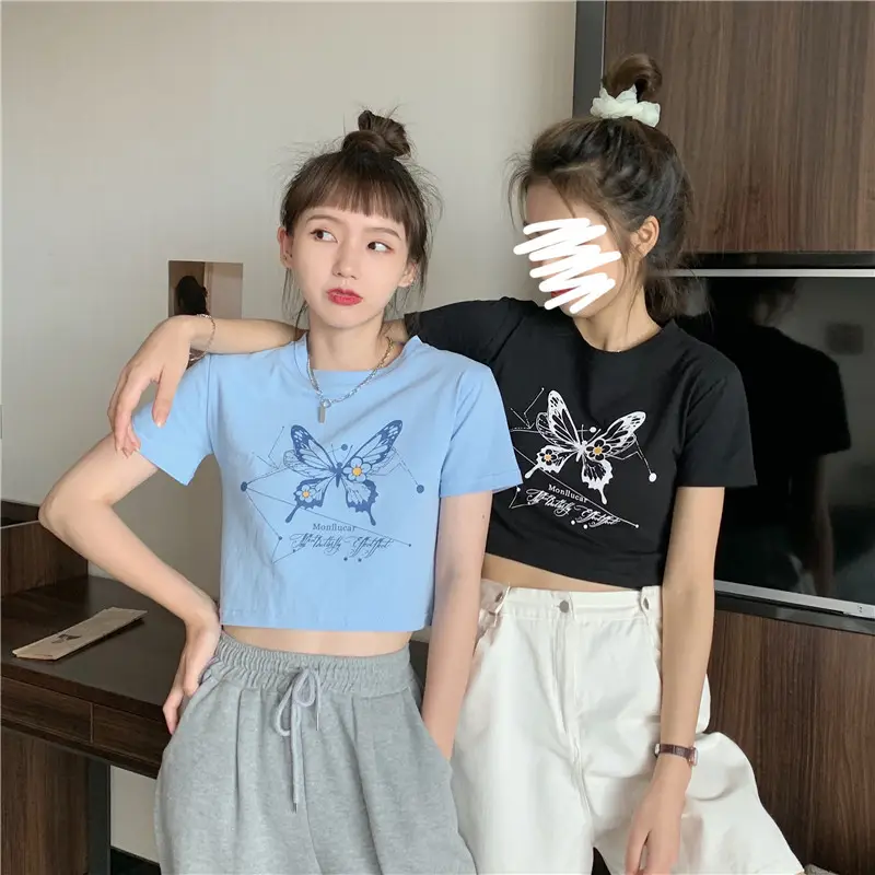 Women Butterfly Crop Top T-Shirt Light Blue Harajuku Style — feature 20