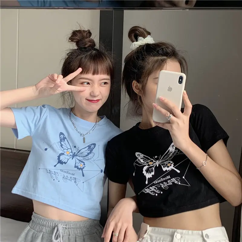 Women Butterfly Crop Top T-Shirt Light Blue Harajuku Style — feature 22