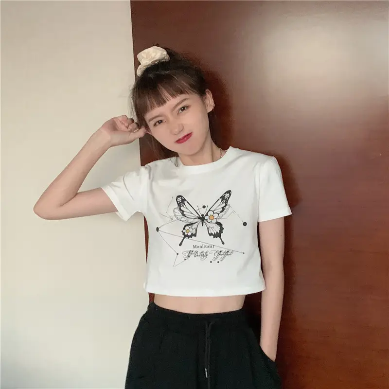 Women Butterfly Crop Top T-Shirt Light Blue Harajuku Style — feature 23